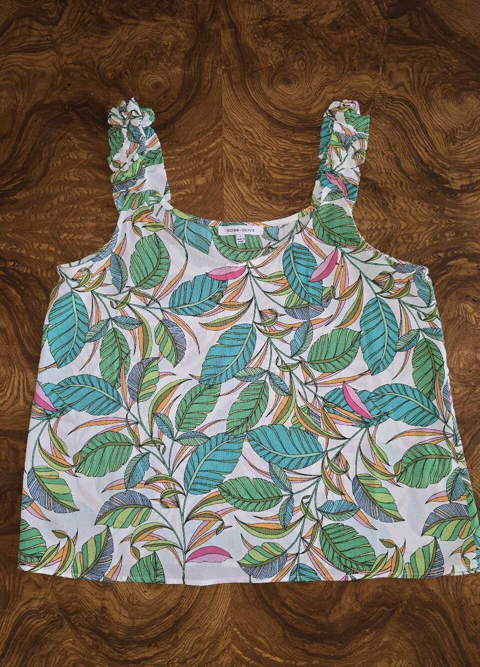 Rose + Olive Tropical Leaf Print Ruffle Strap Tank Top Womens Size L Summer